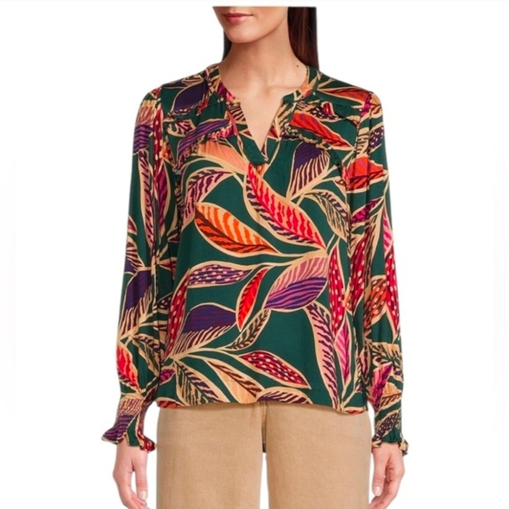 Democracy Deep Pine Woven Leaf Print Double Ruffle Yoke Long Sleeve sz XL